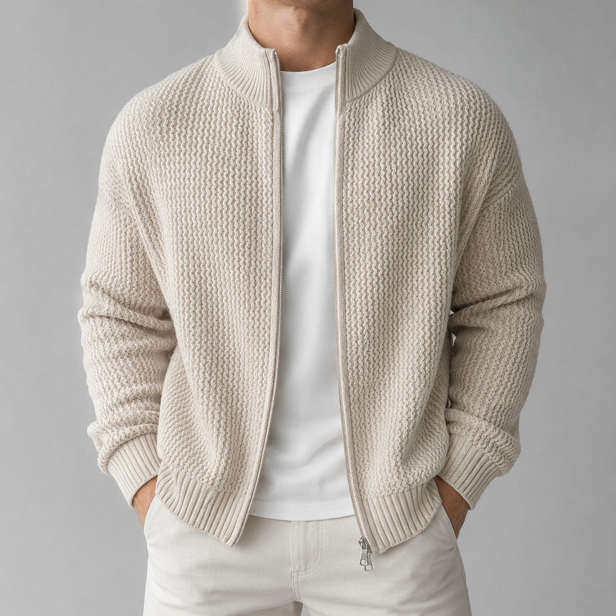 VAREN FORM Moss Texture Stand Collar Zip Cardigan beige model front