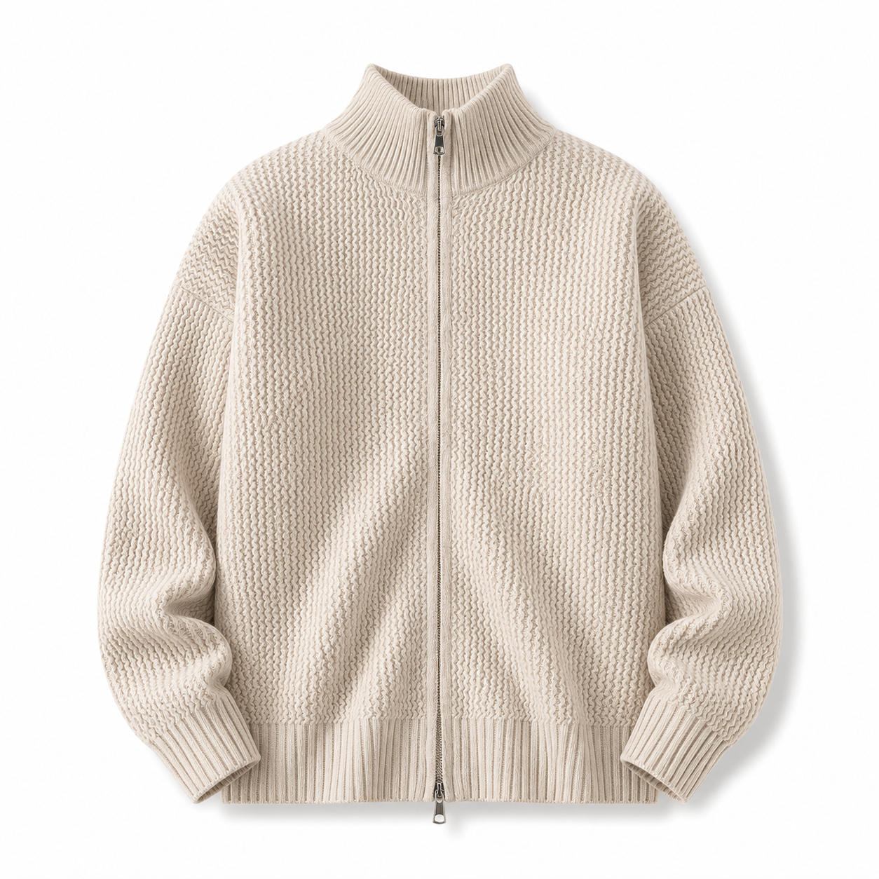 VAREN FORM Moss Texture Stand Collar Zip Cardigan beige product front