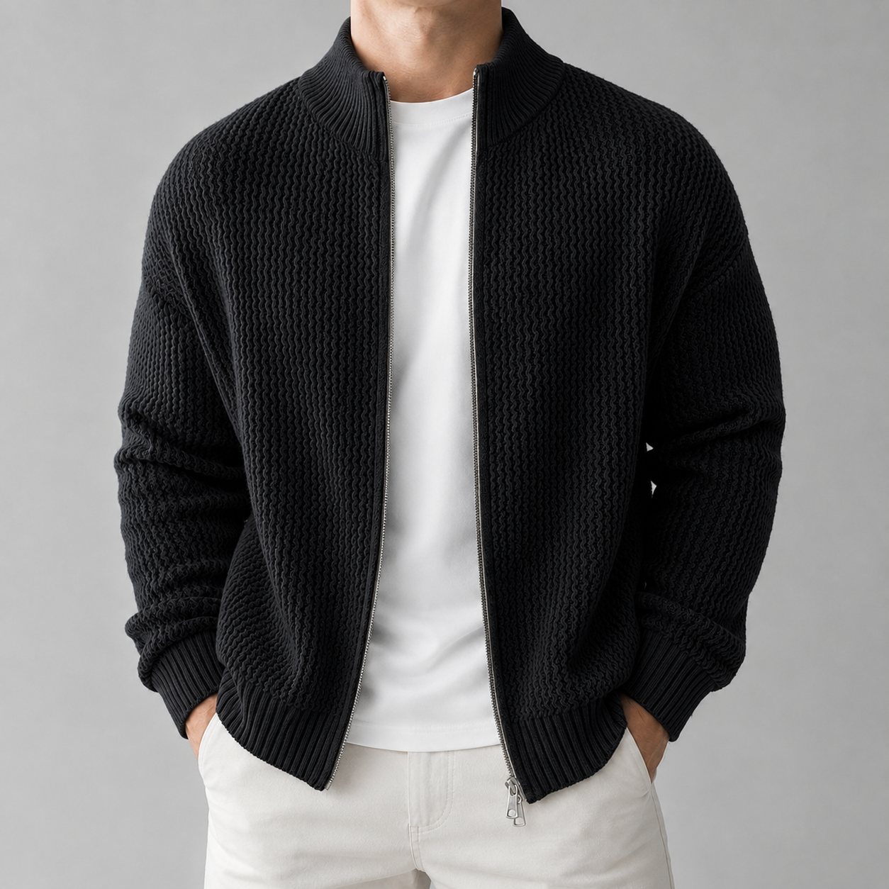 VAREN FORM Moss Texture Stand Collar Zip Cardigan black model front