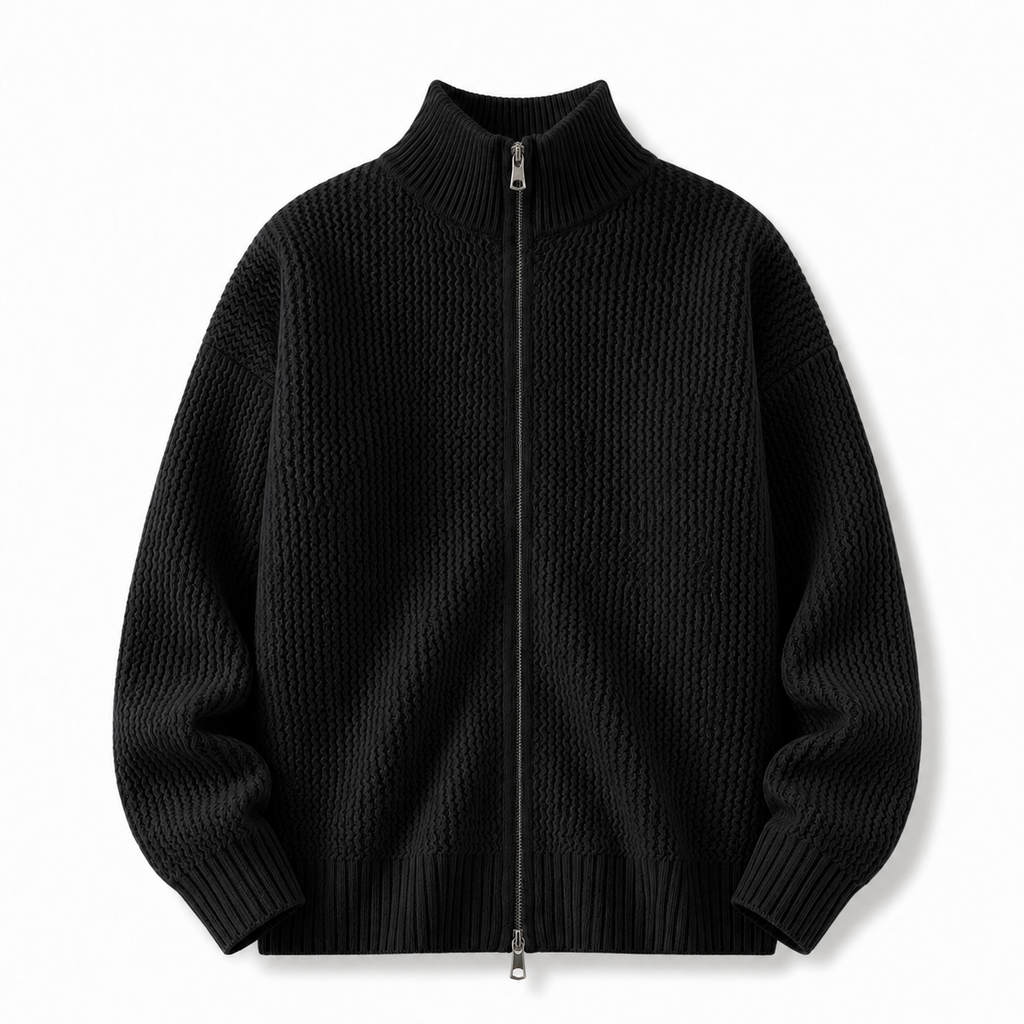 VAREN FORM Moss Texture Stand Collar Zip Cardigan black product front
