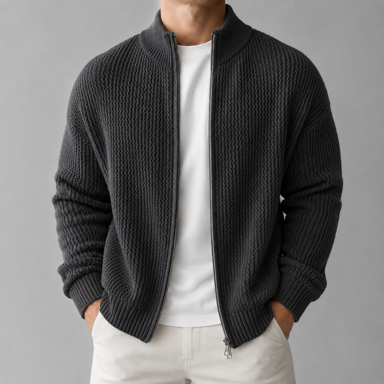 VAREN FORM Moss Texture Stand Collar Zip Cardigan charcoal grey model front