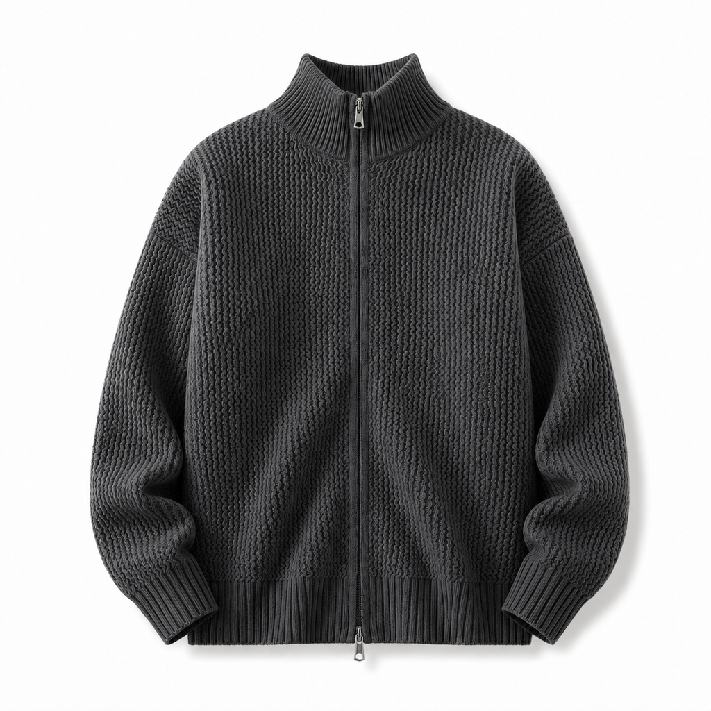 VAREN FORM Moss Texture Stand Collar Zip Cardigan charcoal grey product front
