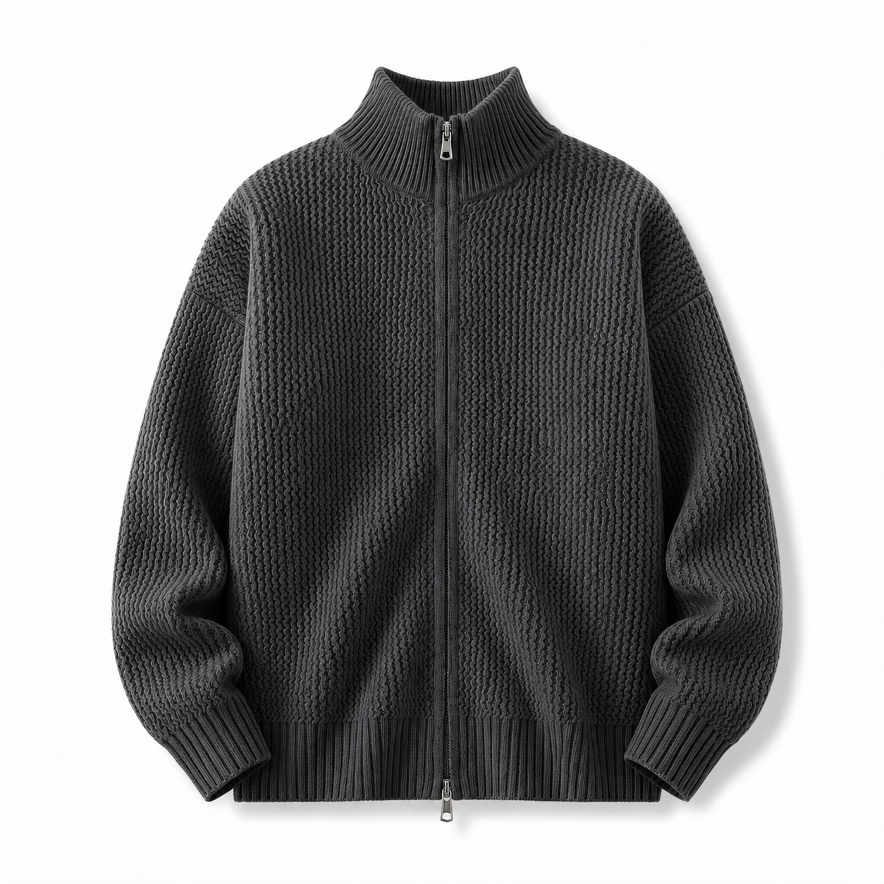 VAREN FORM Moss Texture Stand Collar Zip Cardigan charcoal grey product front