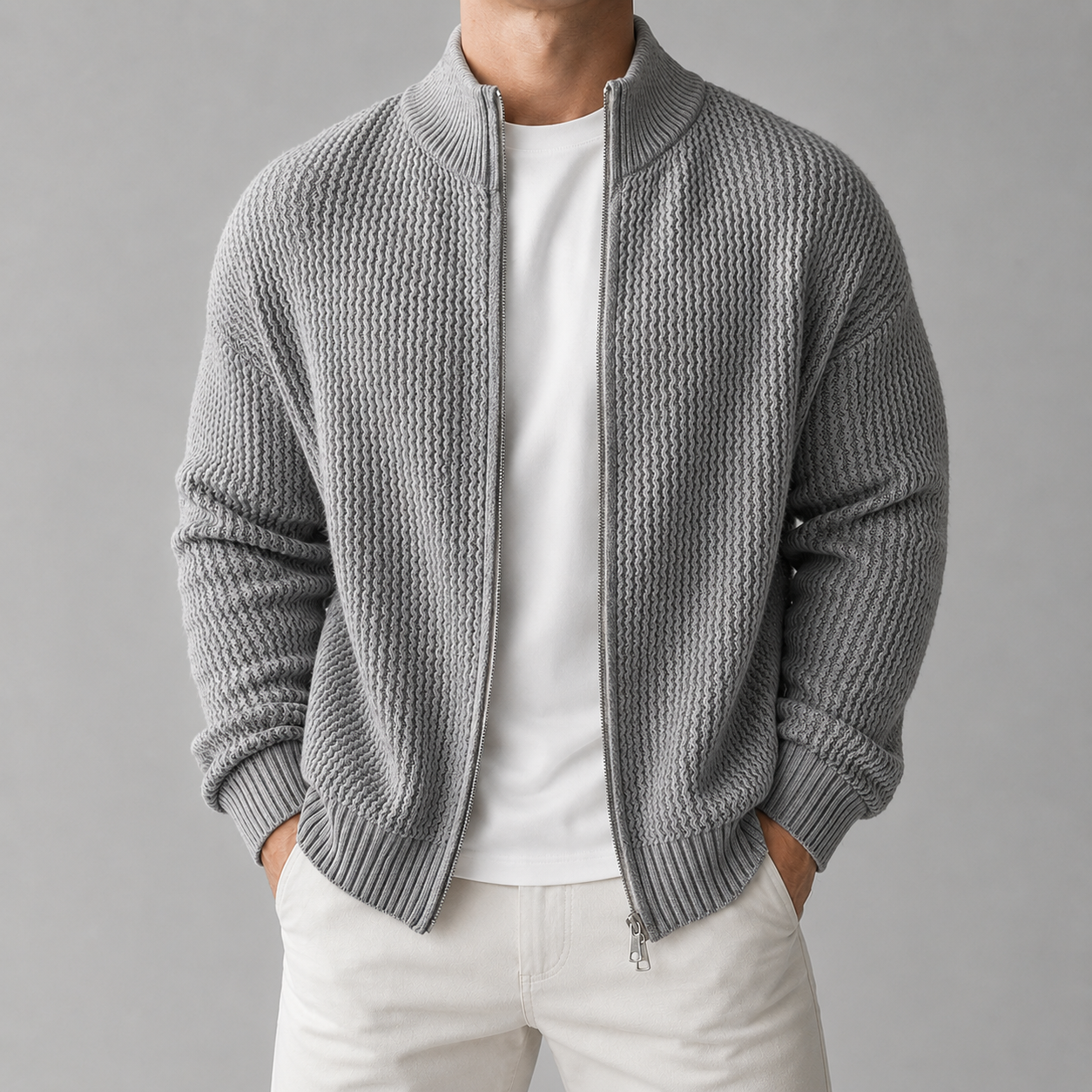 VAREN FORM Moss Texture Stand Collar Zip Cardigan light grey model front
