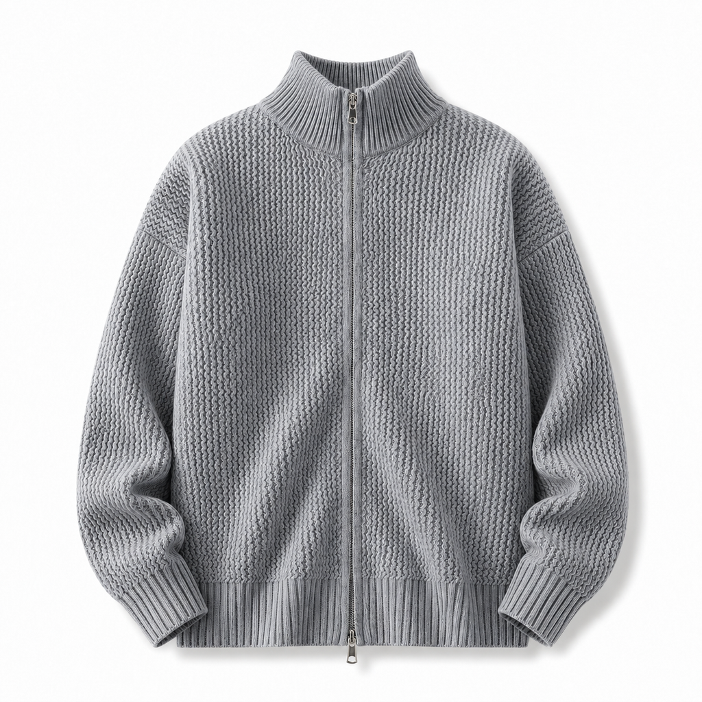 VAREN FORM Moss Texture Stand Collar Zip Cardigan light grey product front