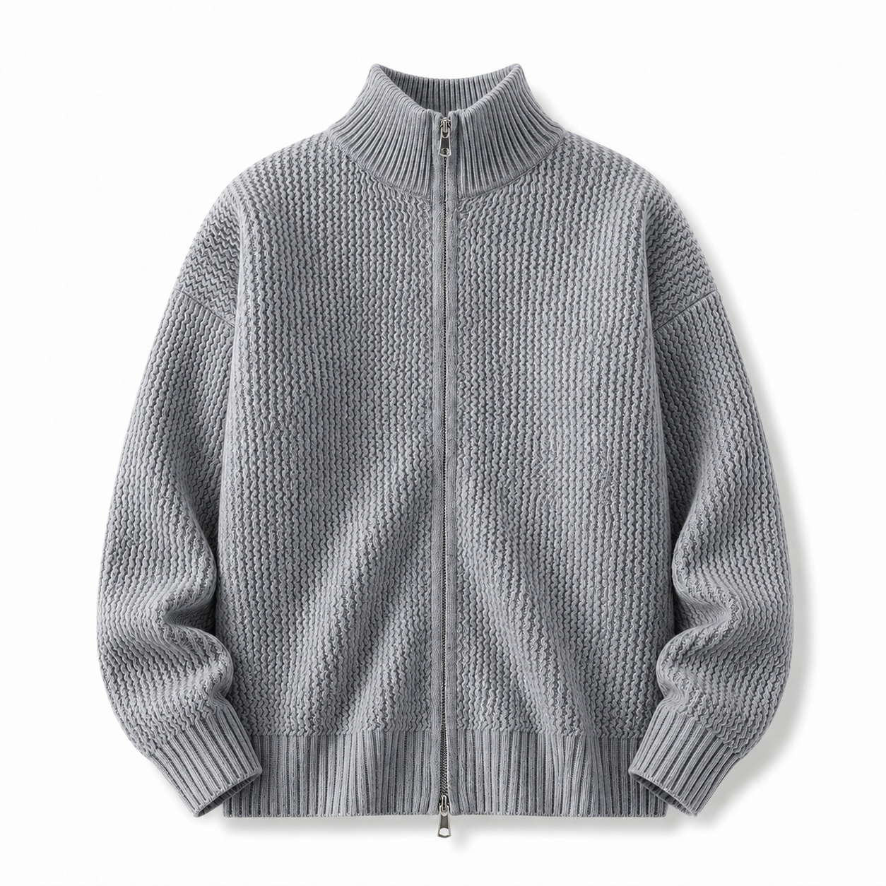 VAREN FORM Moss Texture Stand Collar Zip Cardigan light grey product front