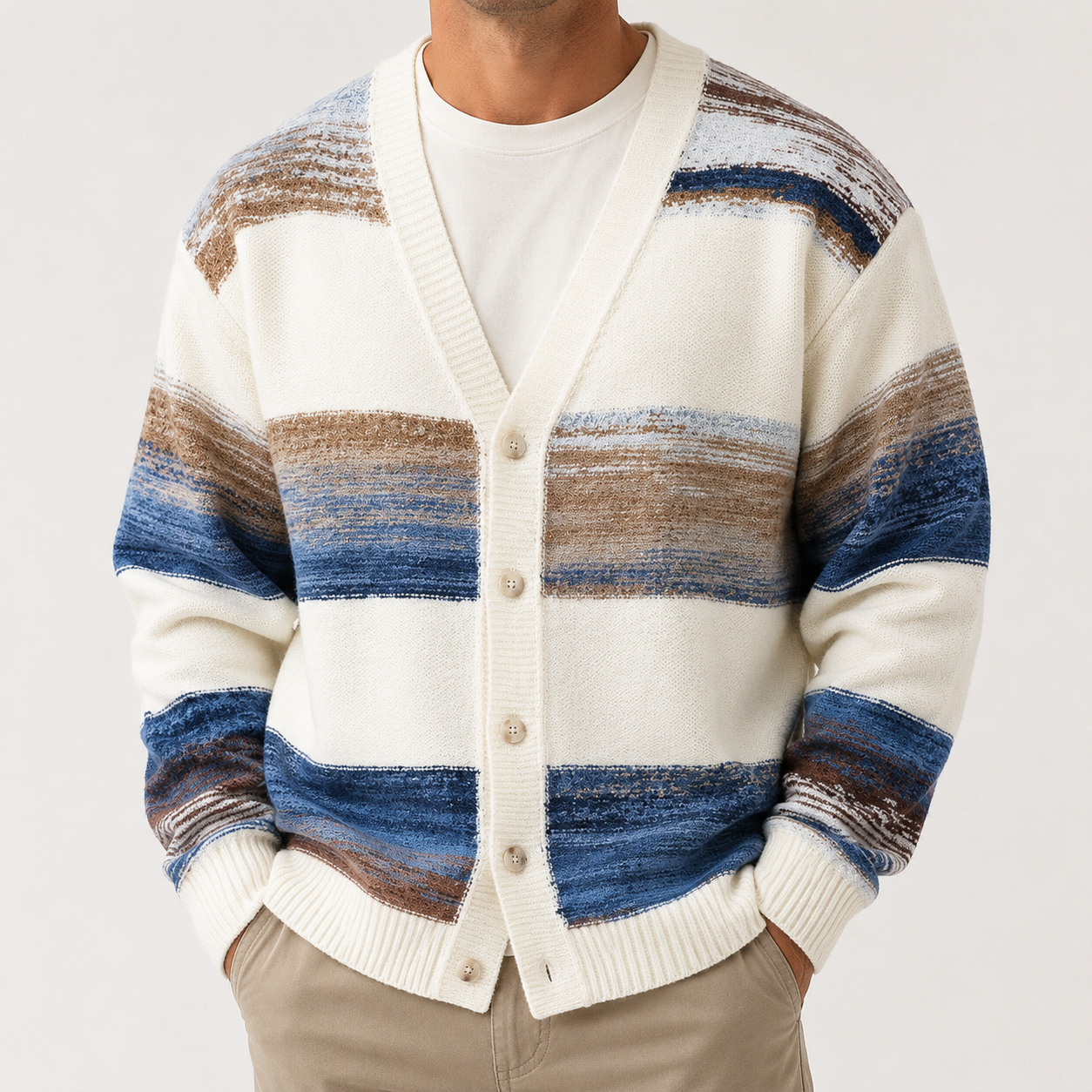 VAREN FORM Oversized Striped Button Knit Cardigan ivory multi stripe model front