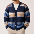 VAREN FORM Oversized Striped Button Knit Cardigan navy multi stripe model front