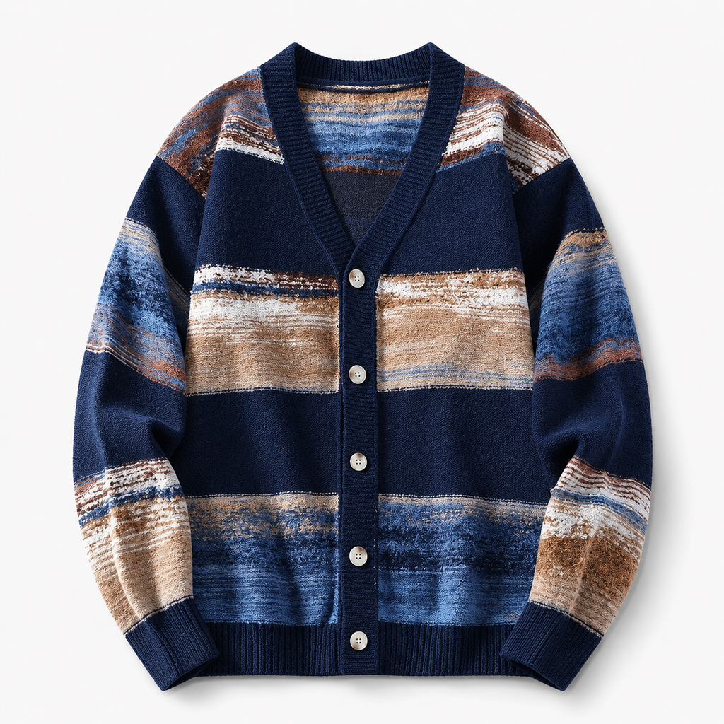 VAREN FORM Oversized Striped Button Knit Cardigan navy multi stripe product front