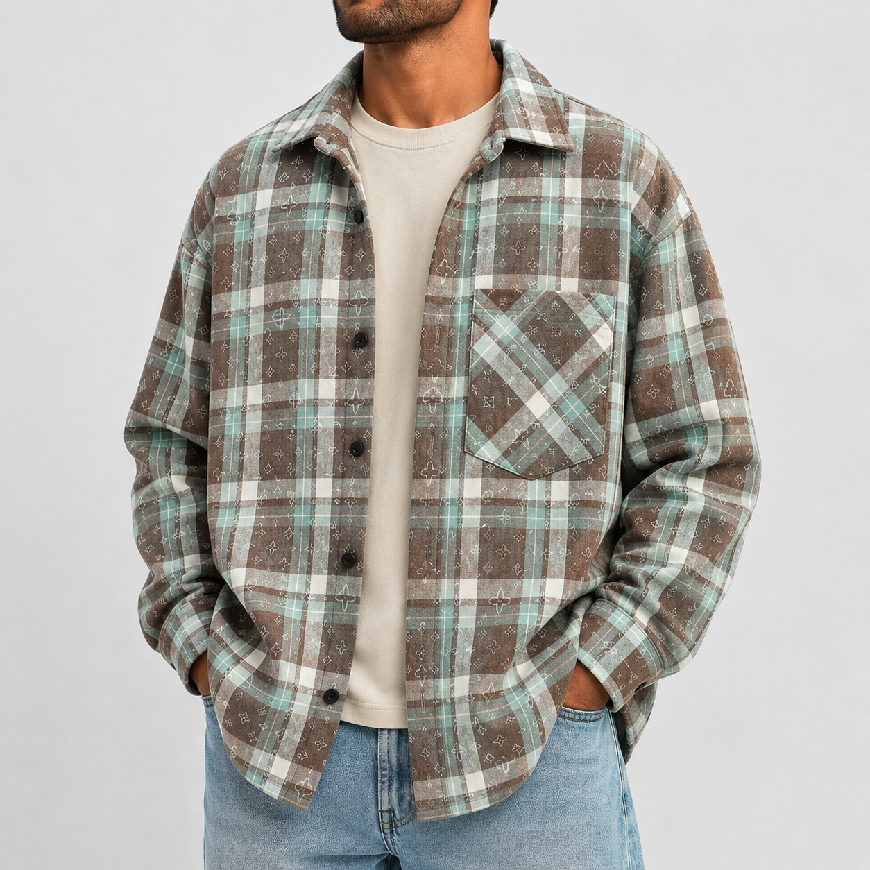 VAREN FORM Plaid Tie-Dye Oversized Long Sleeve Shirt brown plaid model front