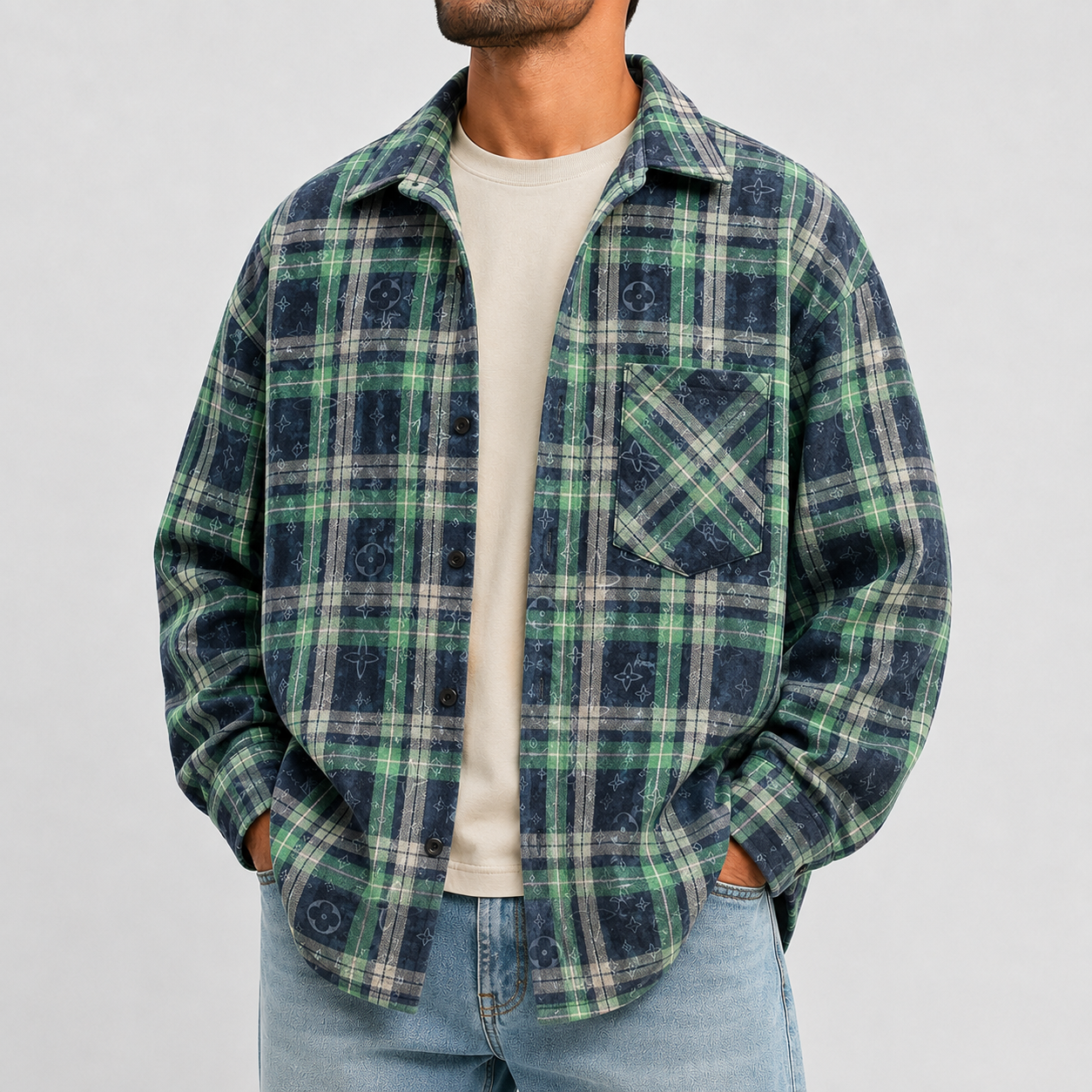 VAREN FORM Plaid Tie-Dye Oversized Long Sleeve Shirt green plaid model front