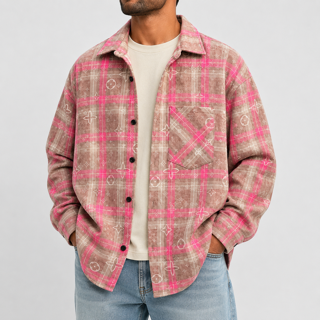 VAREN FORM Plaid Tie-Dye Oversized Long Sleeve Shirt pink coral plaid model front