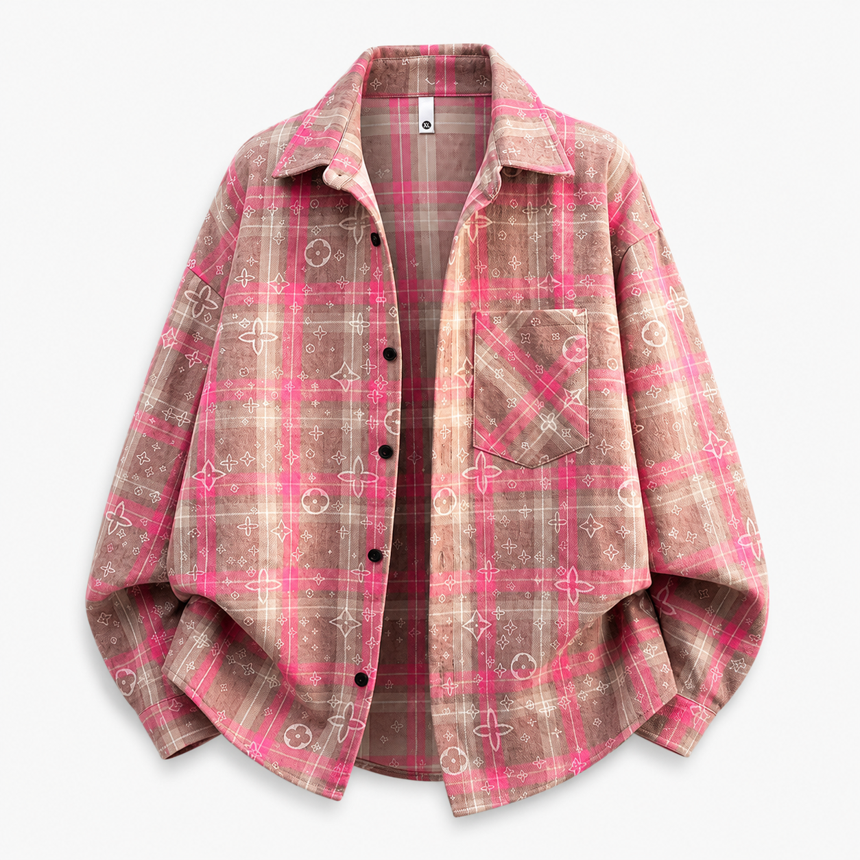 VAREN FORM Plaid Tie-Dye Oversized Long Sleeve Shirt pink coral plaid product front