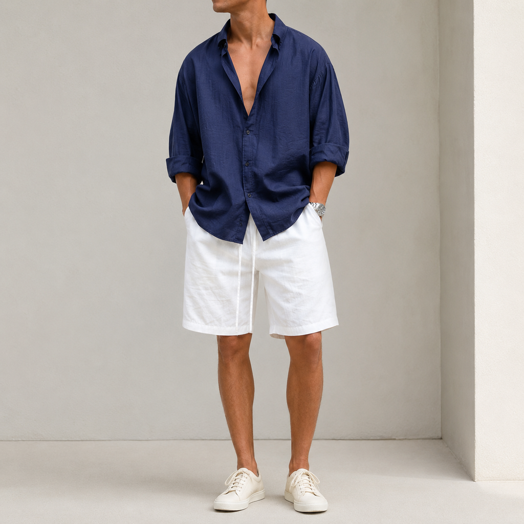 VARENFORM Relaxed Plant Fiber Shirt Shorts Set VF-06659S in Deep Blue model view