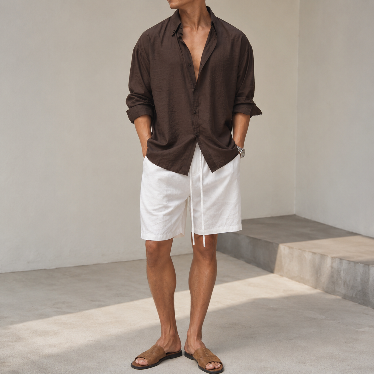 VARENFORM Relaxed Plant Fiber Shirt Shorts Set VF-06659S in Espresso Brown model view