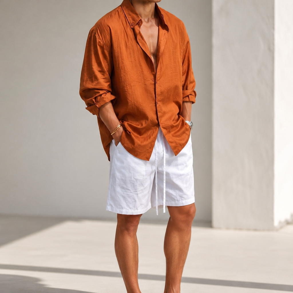 VARENFORM Relaxed Plant Fiber Shirt Shorts Set VF-06659S in Rust Orange model view