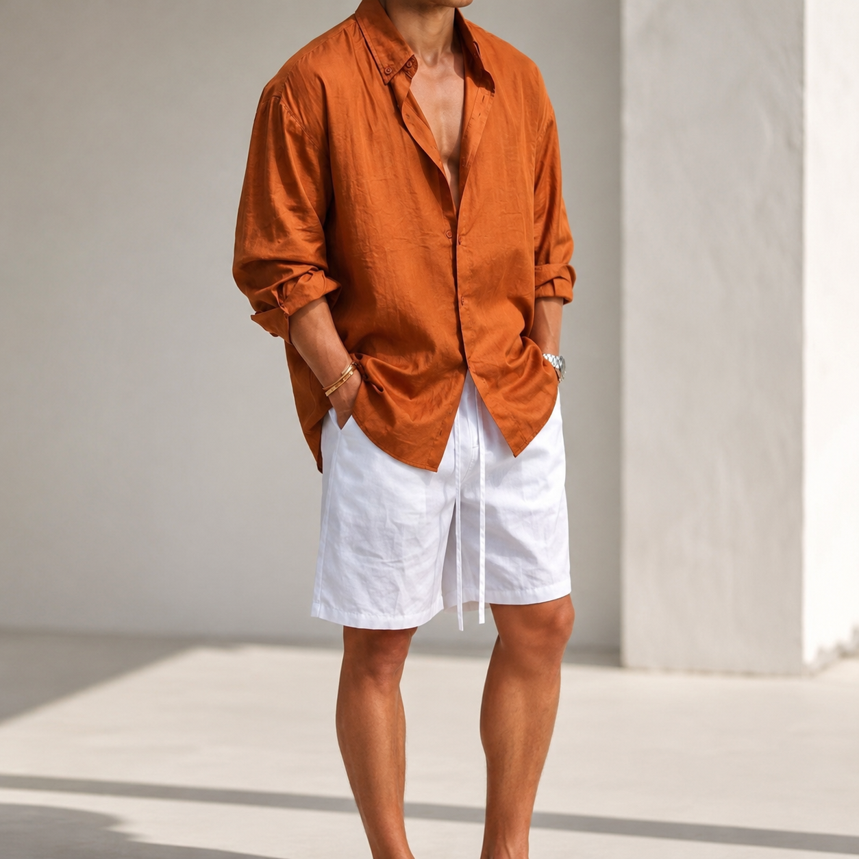 VARENFORM Relaxed Plant Fiber Shirt Shorts Set VF-06659S in Rust Orange model view