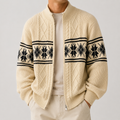 VAREN FORM Retro Argyle Stand Collar Knit Cardigan beige model front
