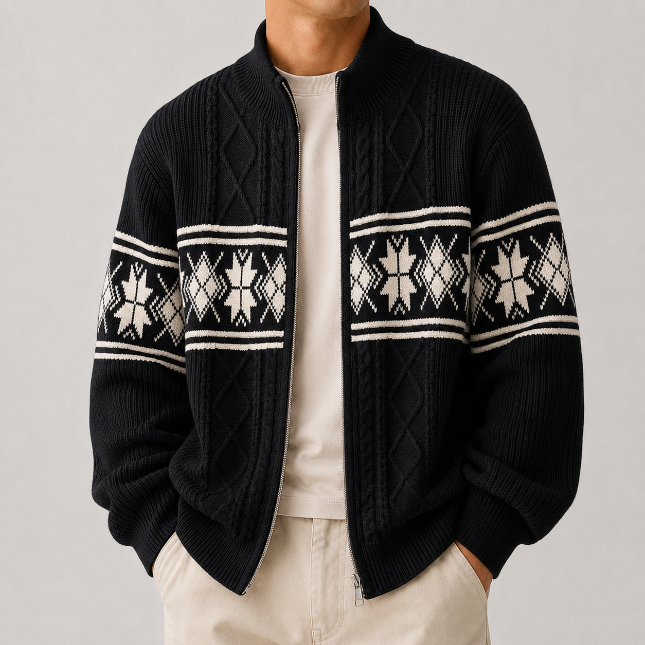 VAREN FORM Retro Argyle Stand Collar Knit Cardigan black model front