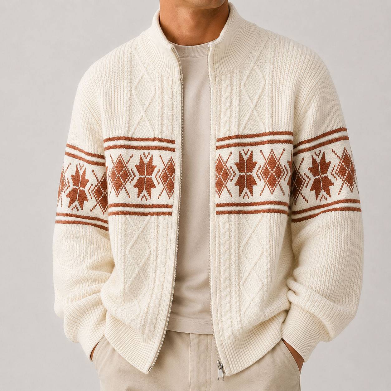 VAREN FORM Retro Argyle Stand Collar Knit Cardigan ivory red argyle model front