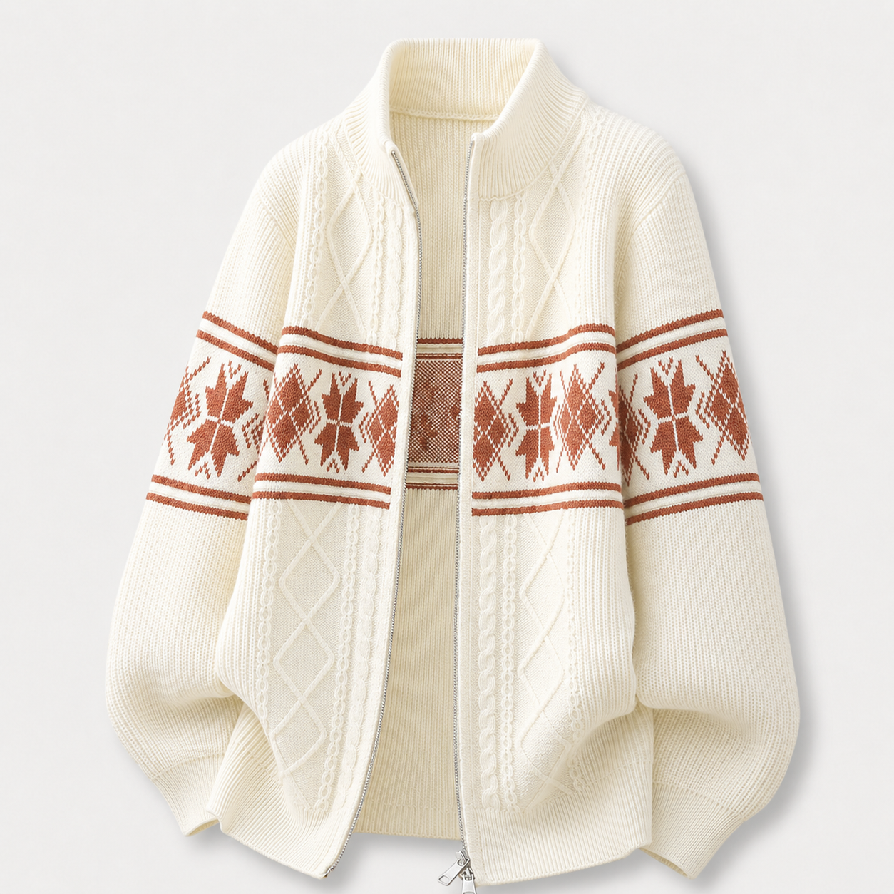 VAREN FORM Retro Argyle Stand Collar Knit Cardigan ivory red argyle product front