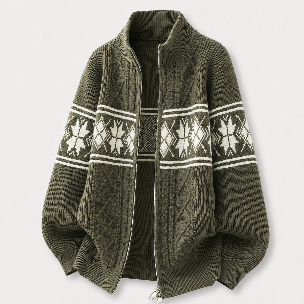 VAREN FORM Retro Argyle Stand Collar Knit Cardigan olive green product front