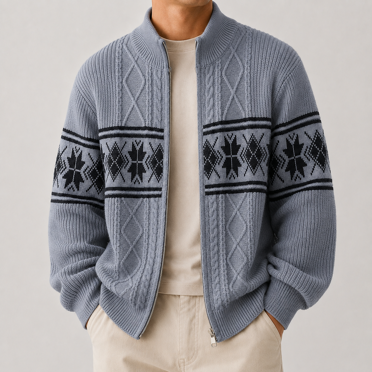 VAREN FORM Retro Argyle Stand Collar Knit Cardigan slate blue product front