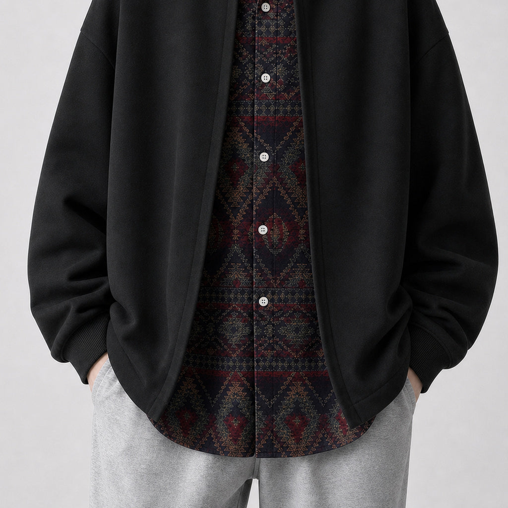 VAREN FORM Retro Layered Open Front Sweatshirt Jacket black model front