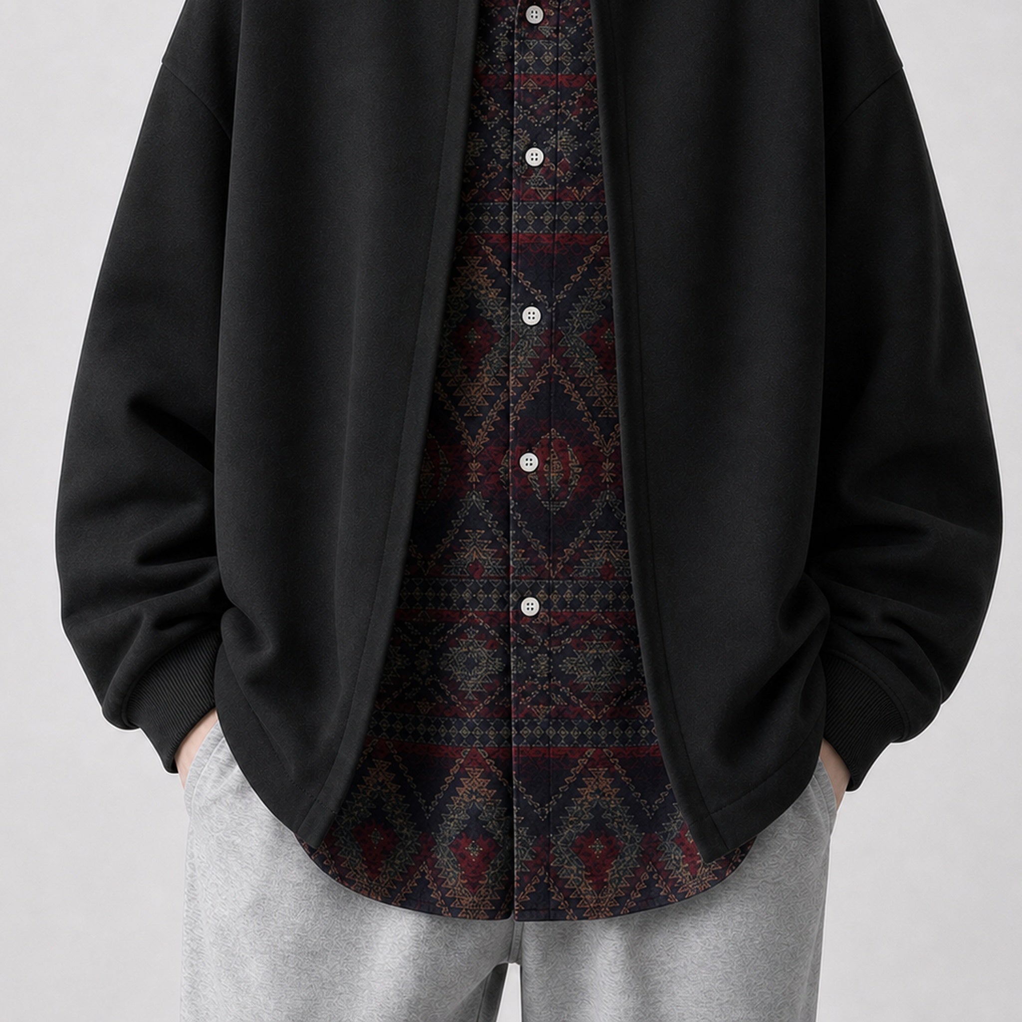 VAREN FORM Retro Layered Open Front Sweatshirt Jacket black model front