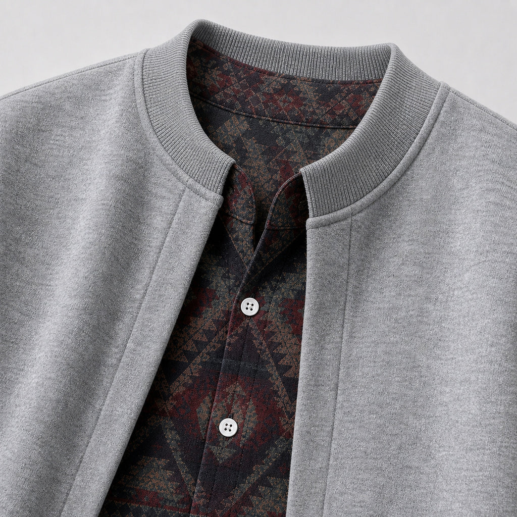 VAREN FORM Retro Layered Open Front Sweatshirt Jacket grey layered detail