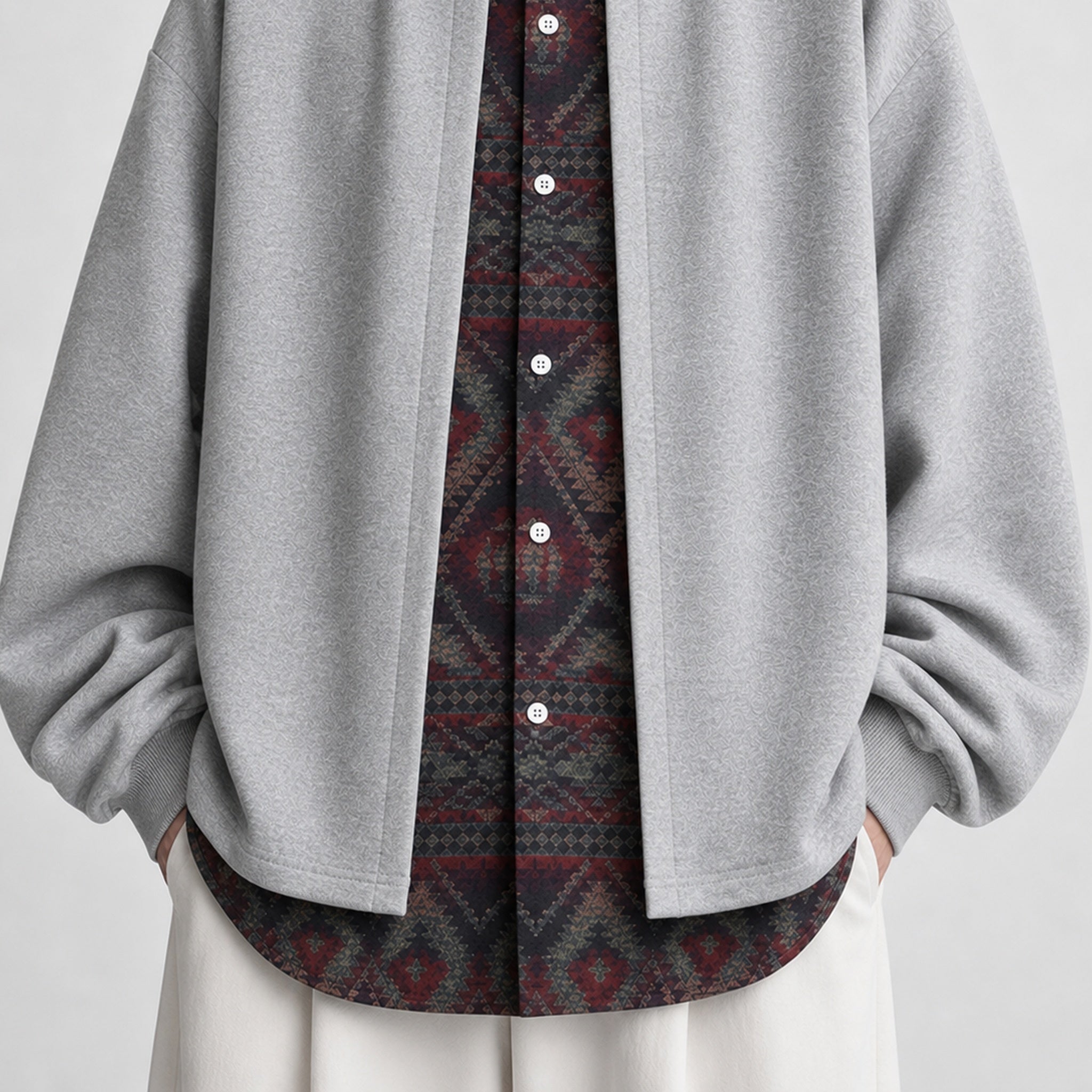 VAREN FORM Retro Layered Open Front Sweatshirt Jacket grey model front
