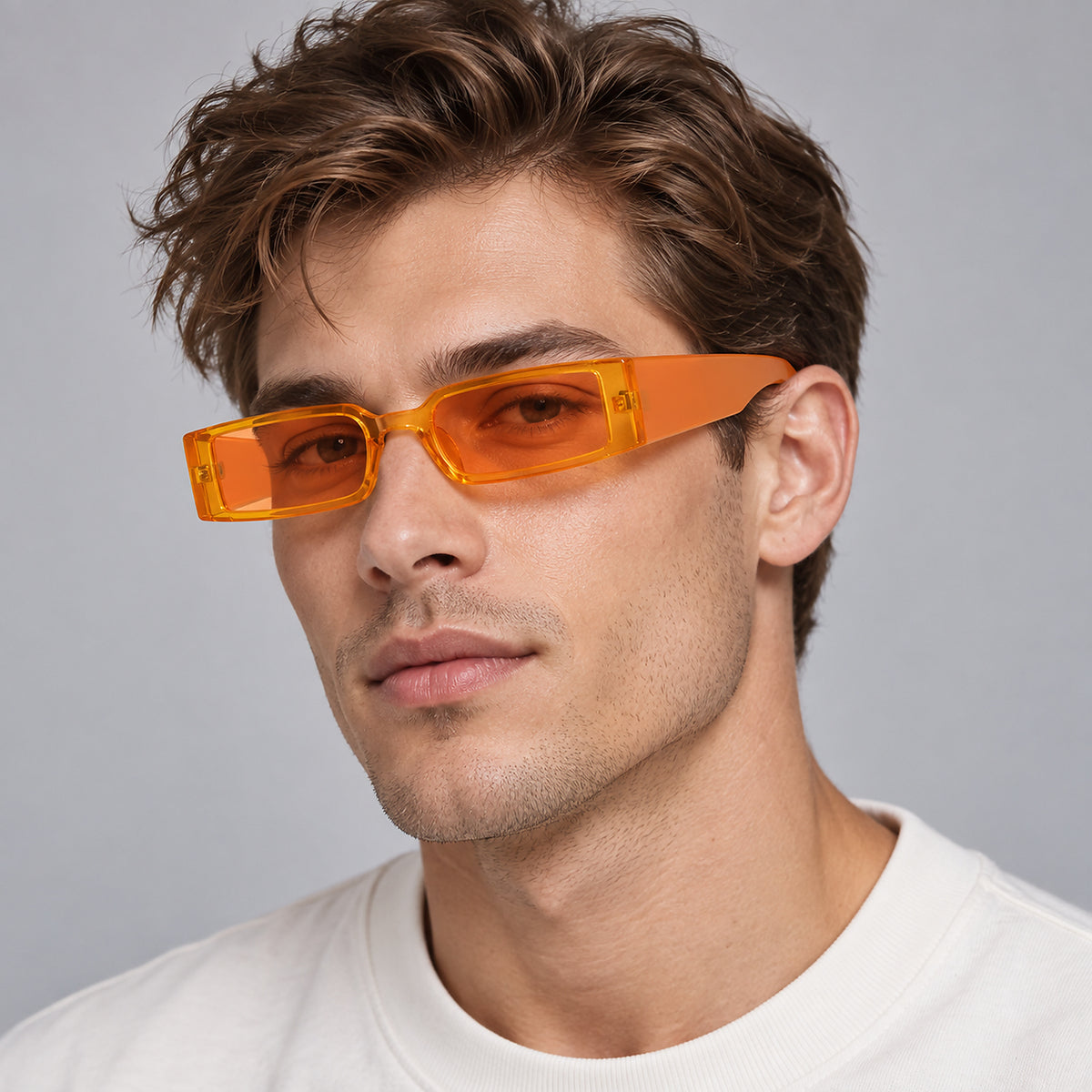 Retro Narrow Rectangular Sunglasses - orange worn view