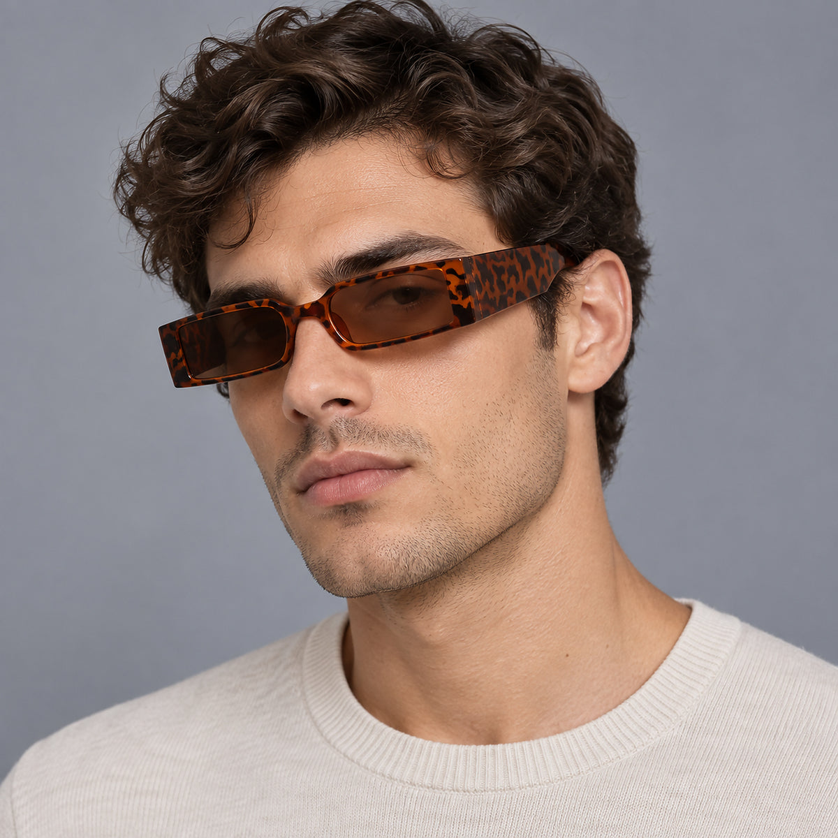 Retro Narrow Rectangular Sunglasses - tortoiseshell worn view