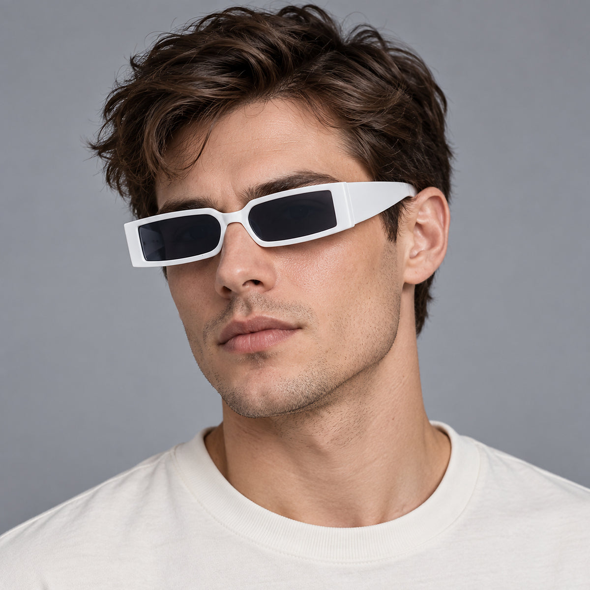 Retro Narrow Rectangular Sunglasses - white worn view
