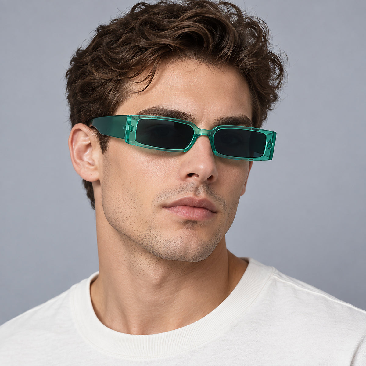 Retro Narrow Rectangular Sunglasses - green worn view