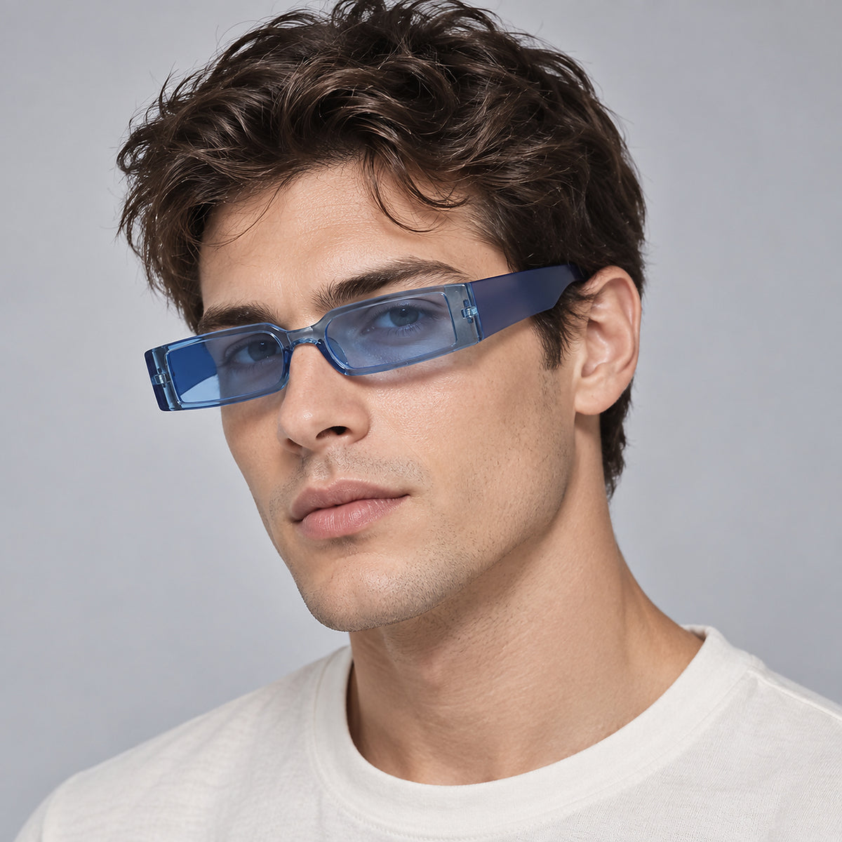 Retro Narrow Rectangular Sunglasses - blue worn view