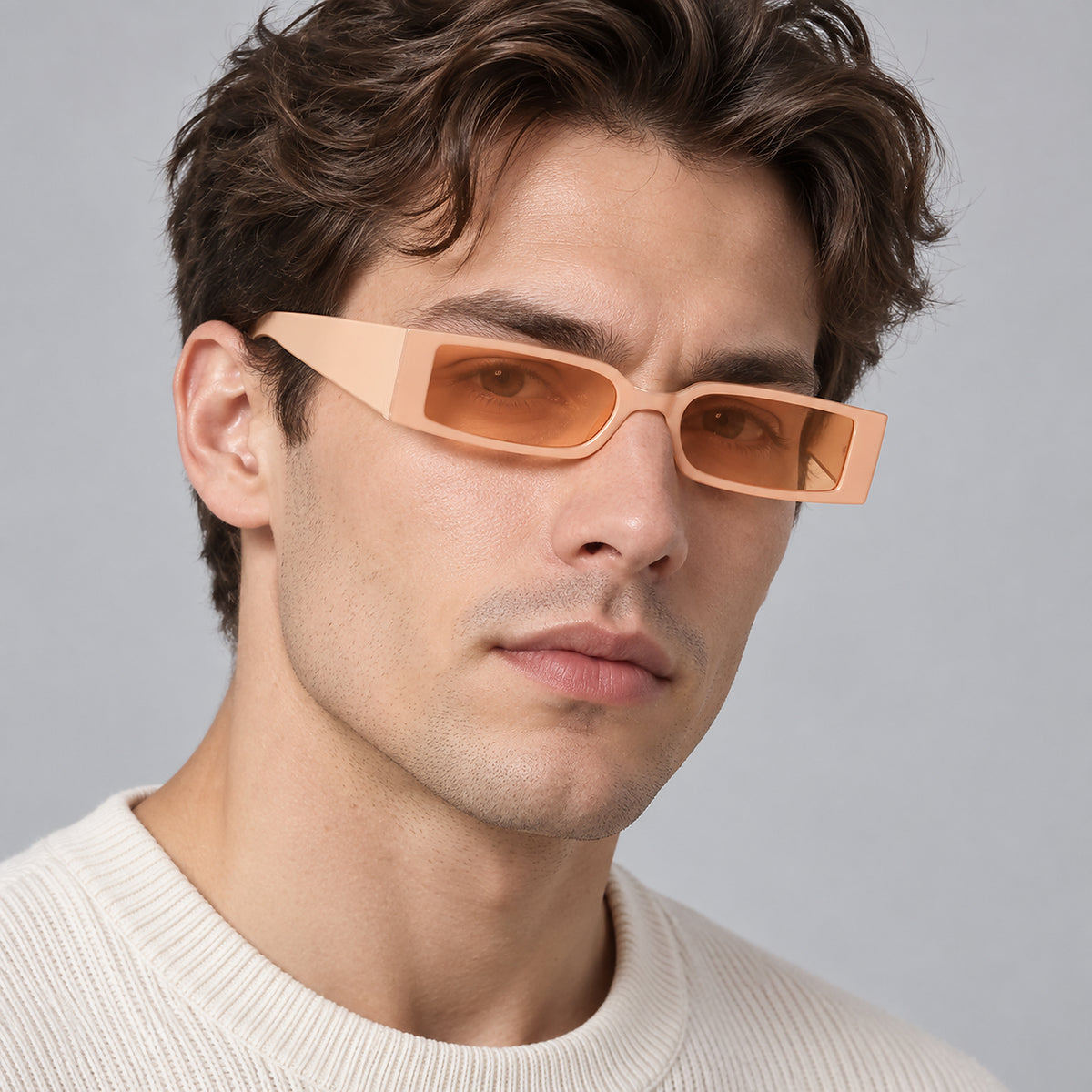 Retro Narrow Rectangular Sunglasses - peach worn view