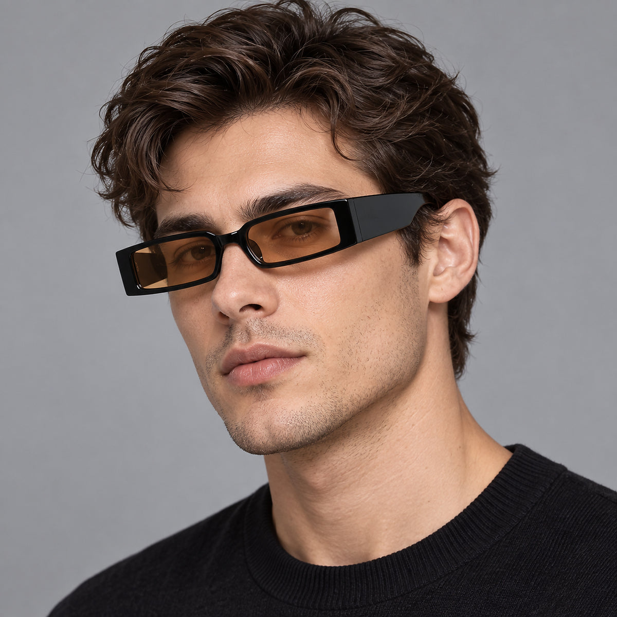 Retro Narrow Rectangular Sunglasses - black/brown worn view