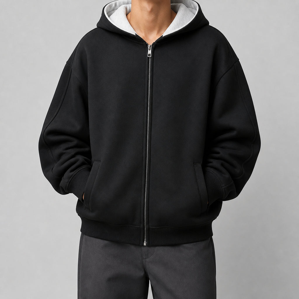 VAREN FORM Reversible Heavyweight Zip Hoodie Jacket black grey model front
