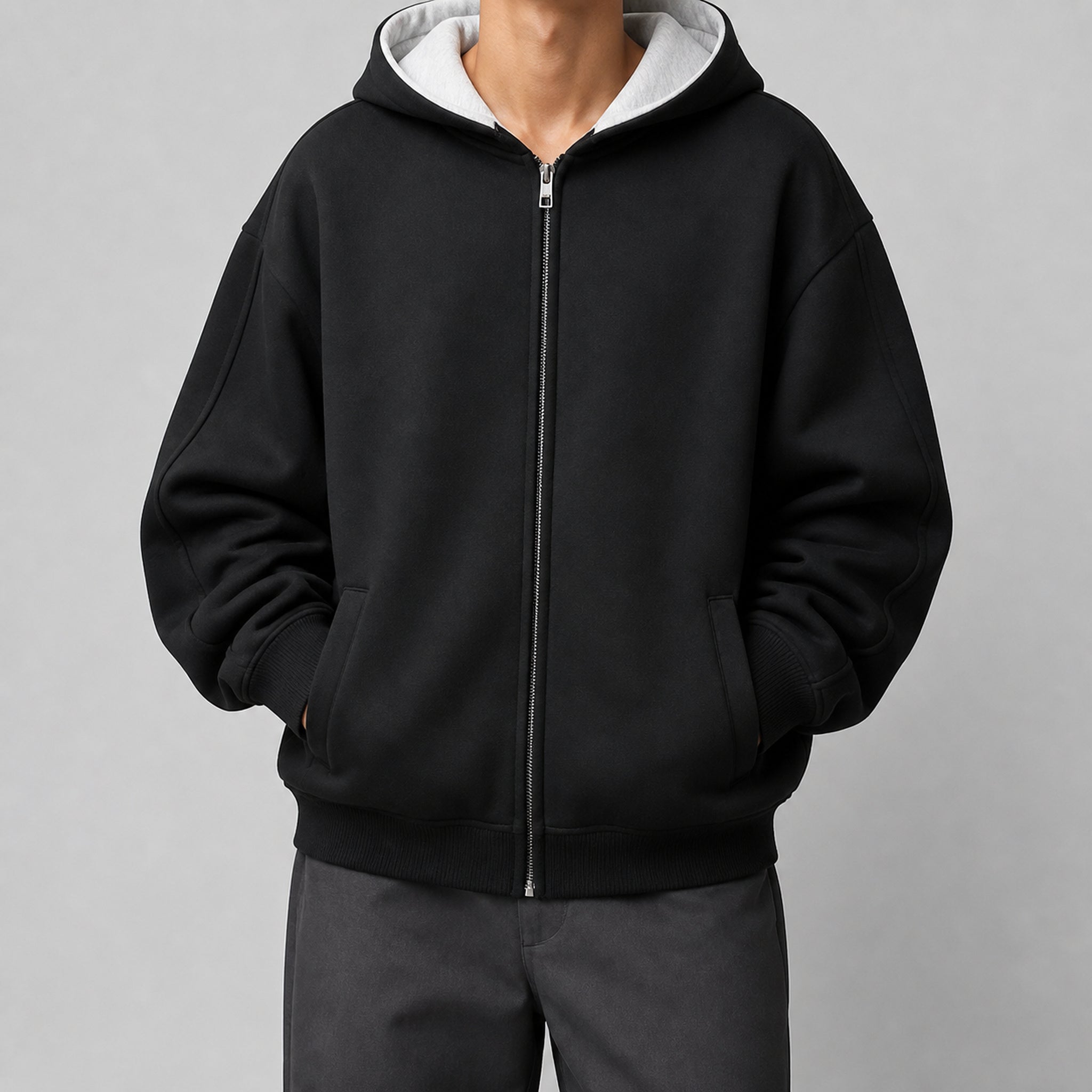 VAREN FORM Reversible Heavyweight Zip Hoodie Jacket black grey model front