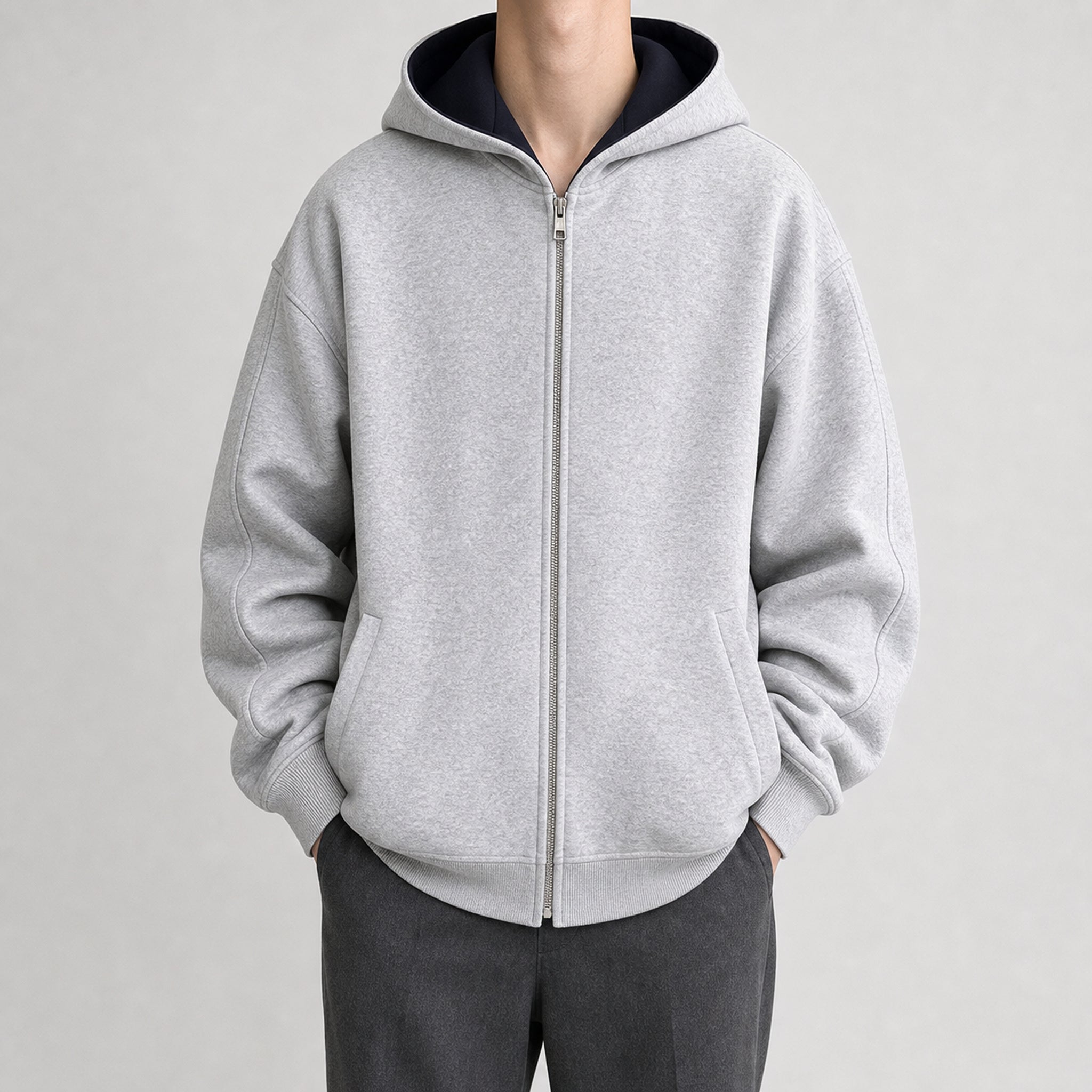 VAREN FORM Reversible Heavyweight Zip Hoodie Jacket light grey navy model front