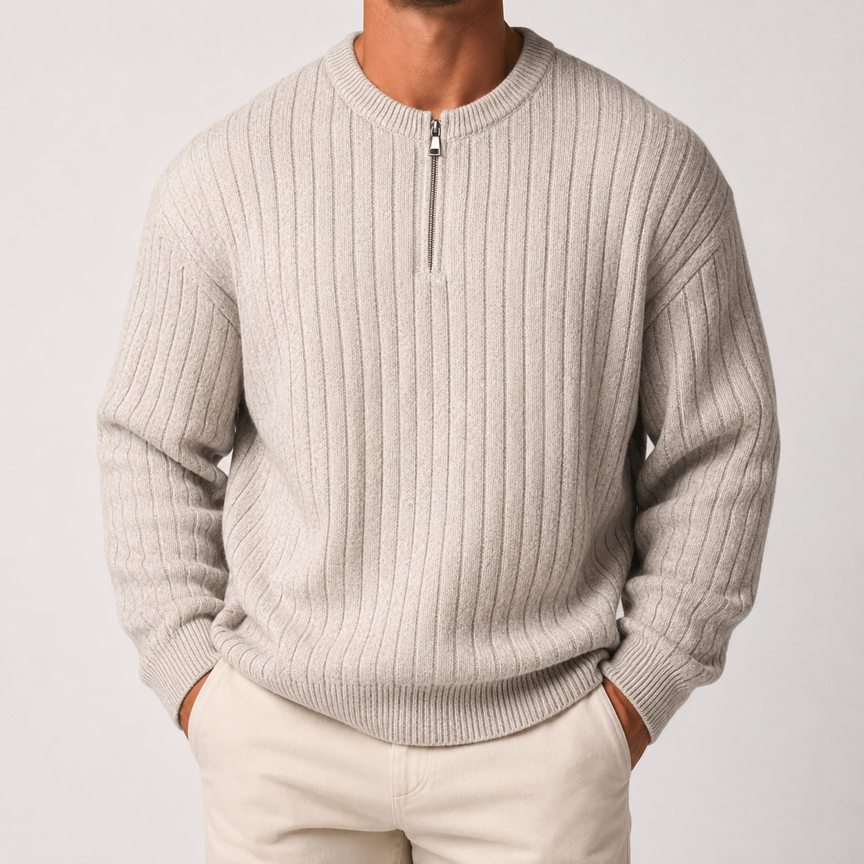 VAREN FORM Ribbed Half-Zip Stand Collar Sweater beige model front
