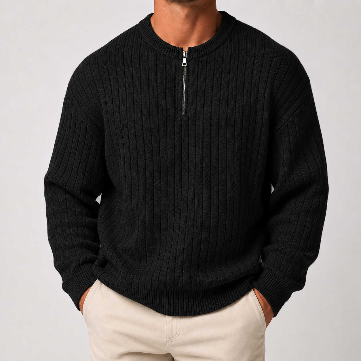 VAREN FORM Ribbed Half-Zip Stand Collar Sweater black model front