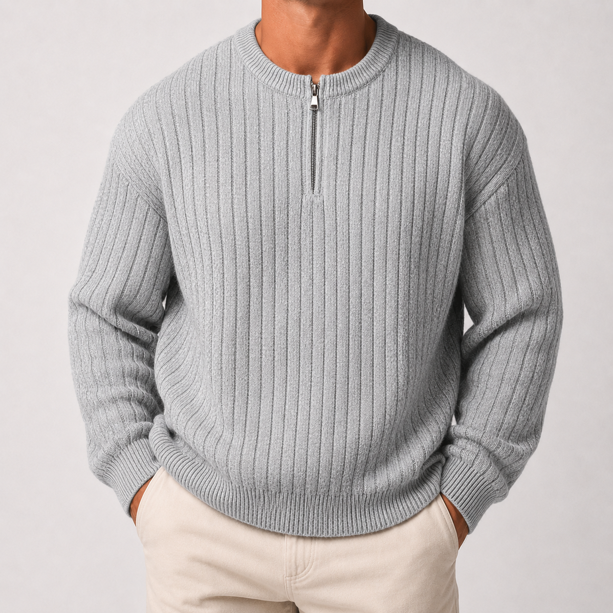 VAREN FORM Ribbed Half-Zip Stand Collar Sweater light grey model front