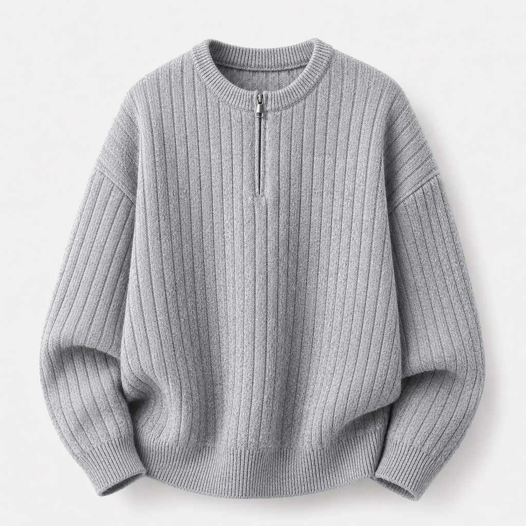 VAREN FORM Ribbed Half-Zip Stand Collar Sweater light grey product front
