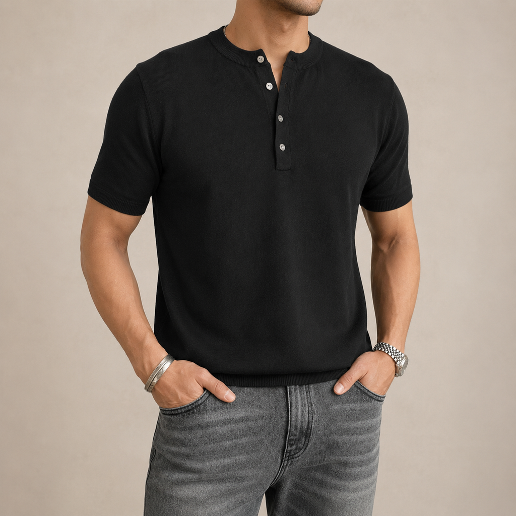 VARENFORM Ribbed Knit Henley Short Sleeve Tee VF-K718H in Black model front