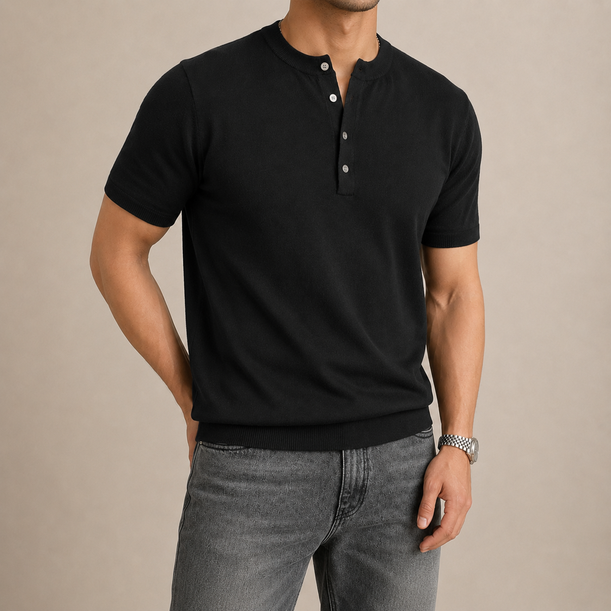 VARENFORM Ribbed Knit Henley Short Sleeve Tee VF-K718H in Black alternate model front