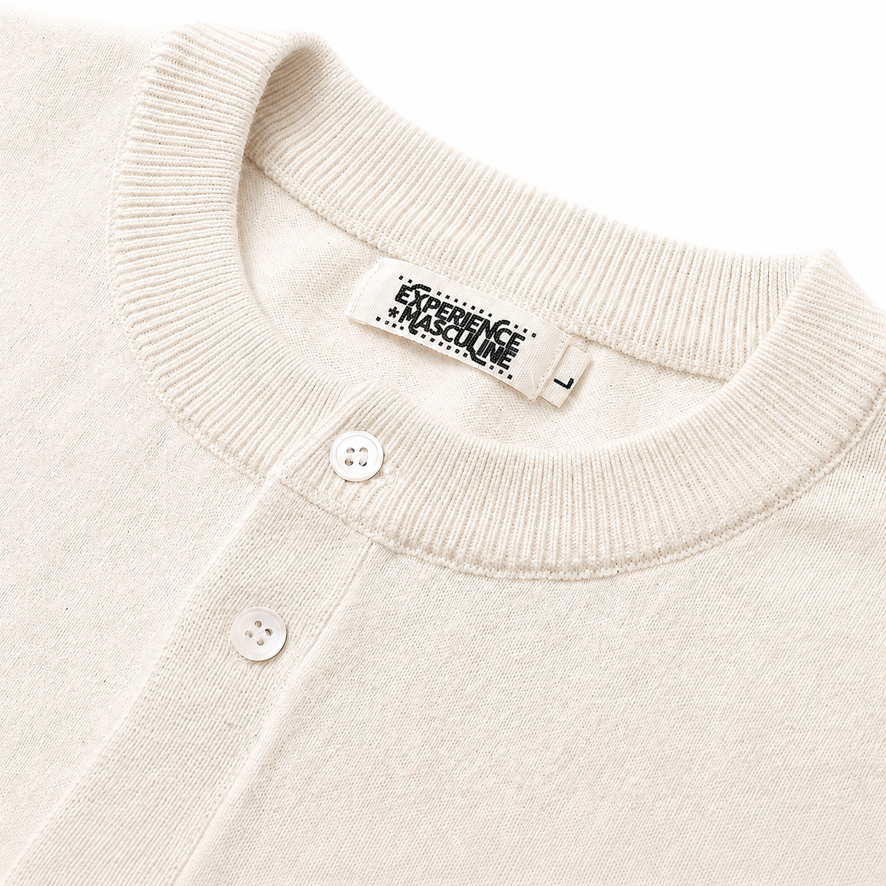 VARENFORM Ribbed Knit Henley Short Sleeve Tee VF-K718H in Ivory collar detail