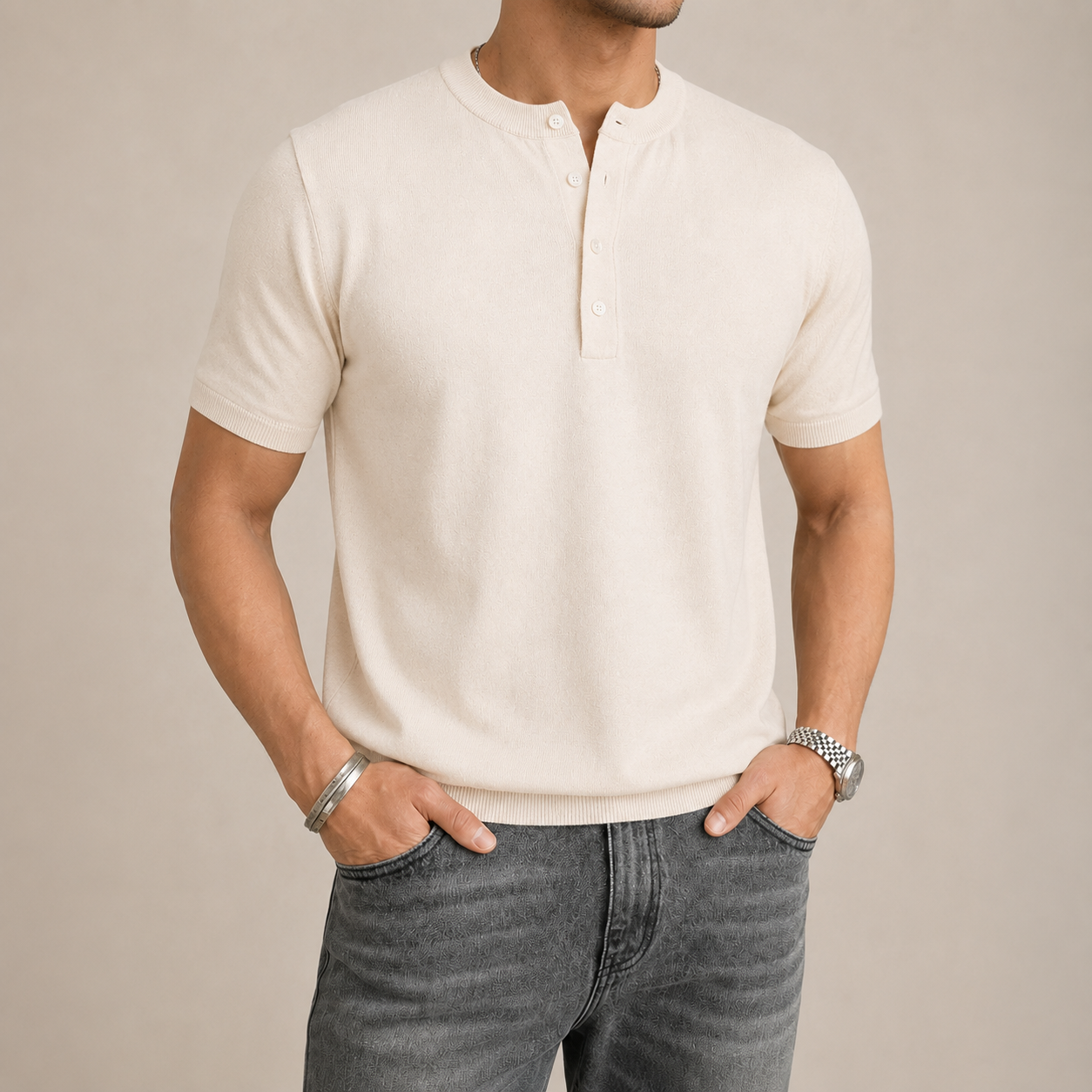 VARENFORM Ribbed Knit Henley Short Sleeve Tee VF-K718H in Ivory model front