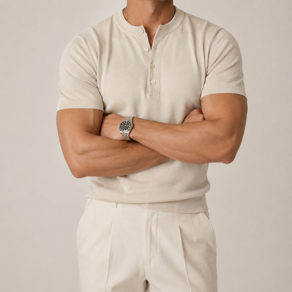 VARENFORM Ribbed Knit Henley Short Sleeve Tee VF-K718H in Ivory alternate model front